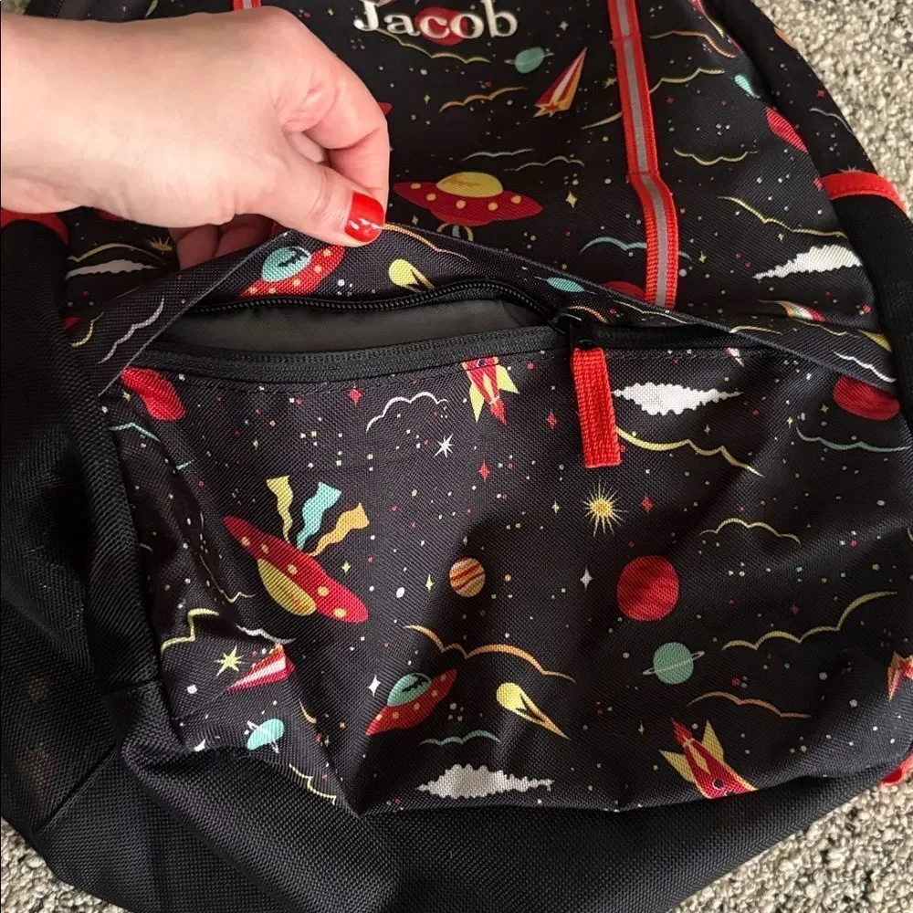New! Lands' End Black Backpack Multicolor Space Design “Jacob” Monogram